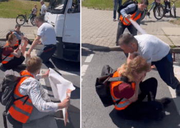 klimaatactivisten en vrachtwagenchauffeur