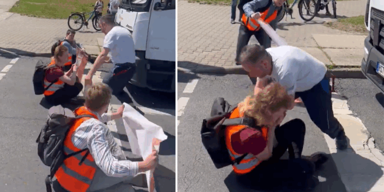 klimaatactivisten en vrachtwagenchauffeur